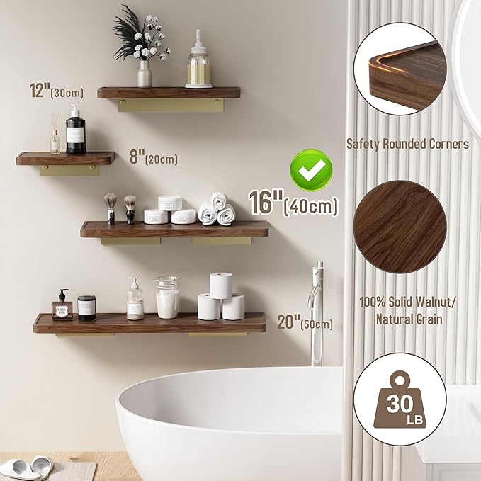 Danpoo 16 Inch Bathroom Shelves, Small Floating Shelf for Wall, Wooden Shelf for Bathroom, Living Room, Kitchen