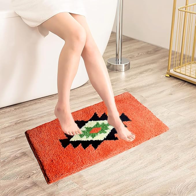 Boho Bathroom Rugs Coral Non Slip Geometric Bath Mat Fluffy Soft Absorbent Bath Rugs for Bathroom Shower Sink Home Entryway Bohemian Farmhouse Decor 30''×20''