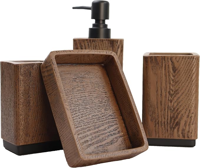 Hymmah Bathroom Accessories Set,Toothbrush Holder,Farmhouse Bathroom Decor,3 Pcs Resin Gift Set Apartment Necessities, Contain Toothbrush Cup,Soap Dispenser,Tumbler (Wood Brown)