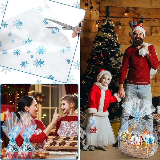 Christmas Cellophane Wrap Roll 100 ft Long 32 Inch Wide 3.1 Mil Thicken Long Film Wrapping Paper Plastic Gift Bags Large Basket Wrap for Xmas Decor Arts Crafts Flower(Clear, White, Blue,Snowflake)