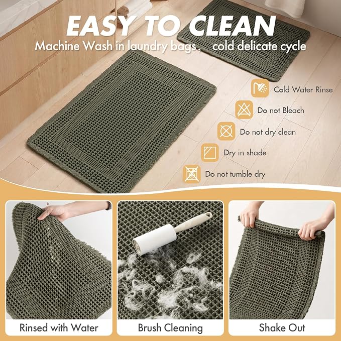 MIULEE Set of 2 Waffle Bathroom Rugs, Boho Bath Rug Super Absorbent, Non Slip Washable Ultra Soft Rubber Backed Shower Bath Mats for Floor, Tub, Shower, Looped Design, Green, 17x24 Inch