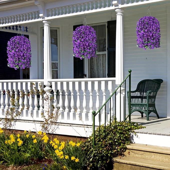 HyeFlora Artificial Faux Hanging Flowers Plants Basket for Outdoor Outside Porch Decoration, UV Resistant Fake Silk Purple Morning Glory Trailing Vines Realistic for Summer Home Balcony Yard Patio