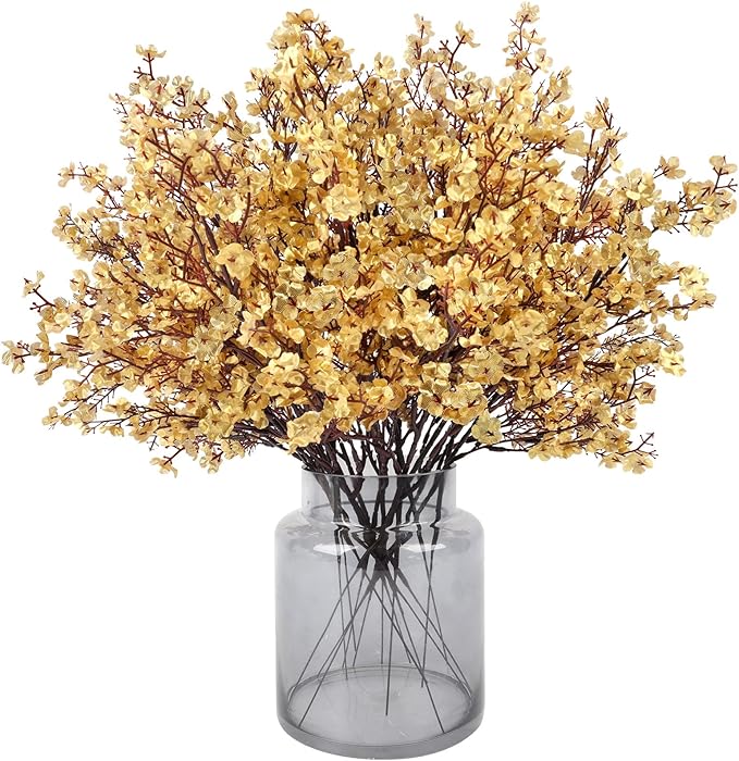 Babys Breath Artificial Flowers, 16 Bundles Gold Real Touch Fake Flowers Silk Flowers for Vase Home Office Wedding Spring Indoor Outdoor Centerpiece Table Party Decorations