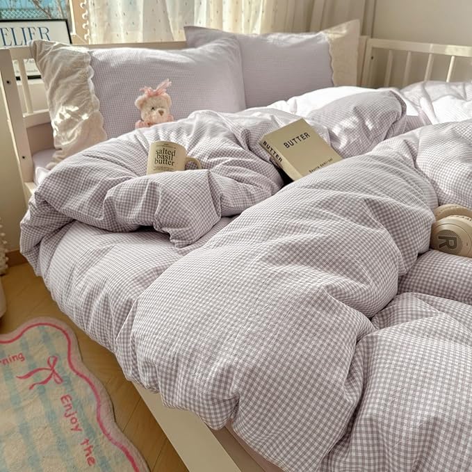 LifeTB Purple Gingham Comforter Set Queen Romantic Lace Style Checkered Pattern Comforter Set Farmhouse Purple Grid Plaid Bedding Comforter Queen Fluffy Soft Lightweight Gingham Bedding Set