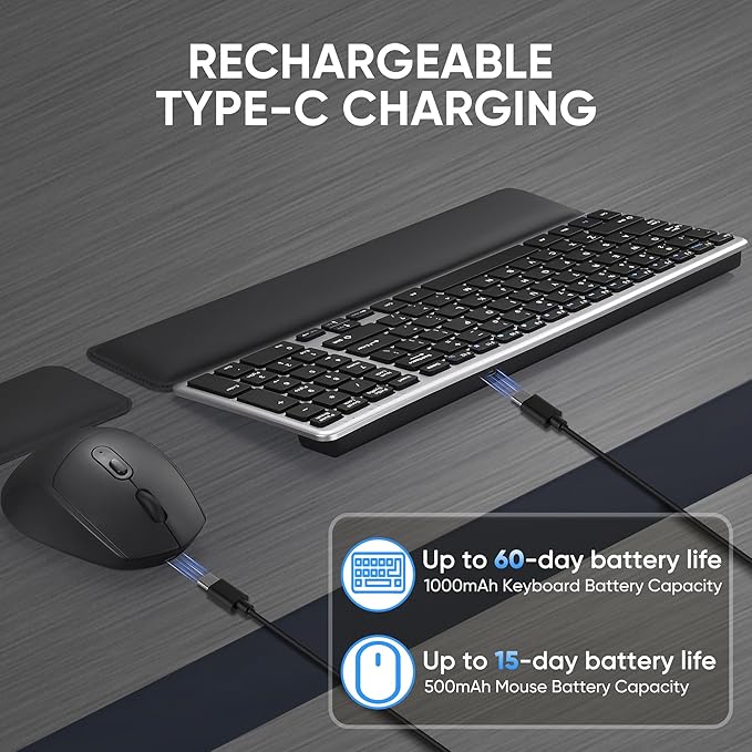 Wireless Quiet Keyboard & Mouse Combo with Magnetic Ergonomic Design Keyboard and Mouse Wrist Rest,Relief Typing Pain, Wrist Rest Support Hand and Arm, 2.4G Stable Connection,Adjustable DPI