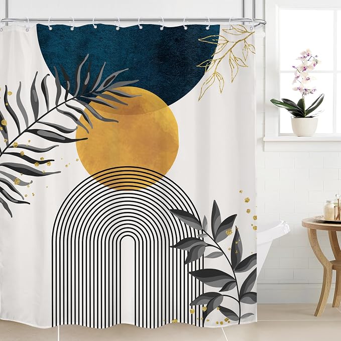 Navy Blue Boho Shower Curtain 60Wx72H Modern Bohemian Mid Century Abstract Gold Leaves Minimalist Geometric Plant Bathroom Decor Neutral Botanical Bath Curtain Fabric Polyester 12 Pack Hooks