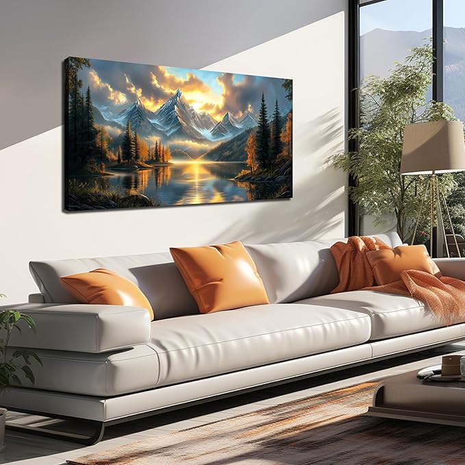 JuhaiArt Mountain Lake Canvas Wall Art Landscape Picture Artwork Gold Wall Decor for Living Room Bedroom Office Sunset Poster 24" x 48"