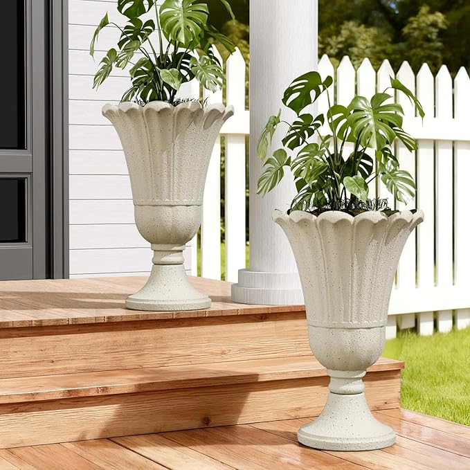 Tall Plastic Urn Planters for Outdoor Plants Set of 2-23.6" H Classic Petal Design Indoor Large Flower Pots with Drainage Holes, Outdoor Planters for Porch Decor/Garden Vase, Beige/Off White