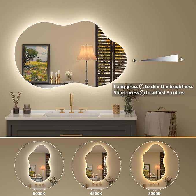 48x26 Inch Irregular LED Backlit Bathroom Mirror, Asymmetrical Cloud Led Lighted Vanity Mirror for Wall, Anit-Fog, Dimmable, Memory, Shatterproof (Horizontal/Vertical)