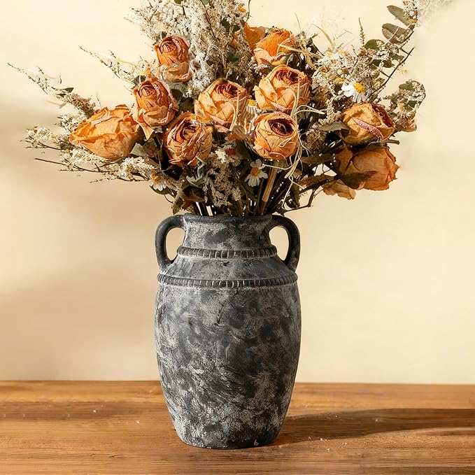 Farmhouse Rustic Ceramic Vase with Handles, 11 inch Gray-White Textured Modern Terracotta Vintage Vases for Home Decor Centerpieces Table Pottery Barn Furniture Decorative (Tall - C)