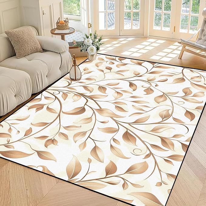 Botanical Leaf Vine Area Rug Beige Floral Branch Print Rug for Bedroom Living Room Kitchen Nursery Playroom Home Decor Non-Slip Washable Floor Mat Modern Farmhouse Carpet,5'x7'