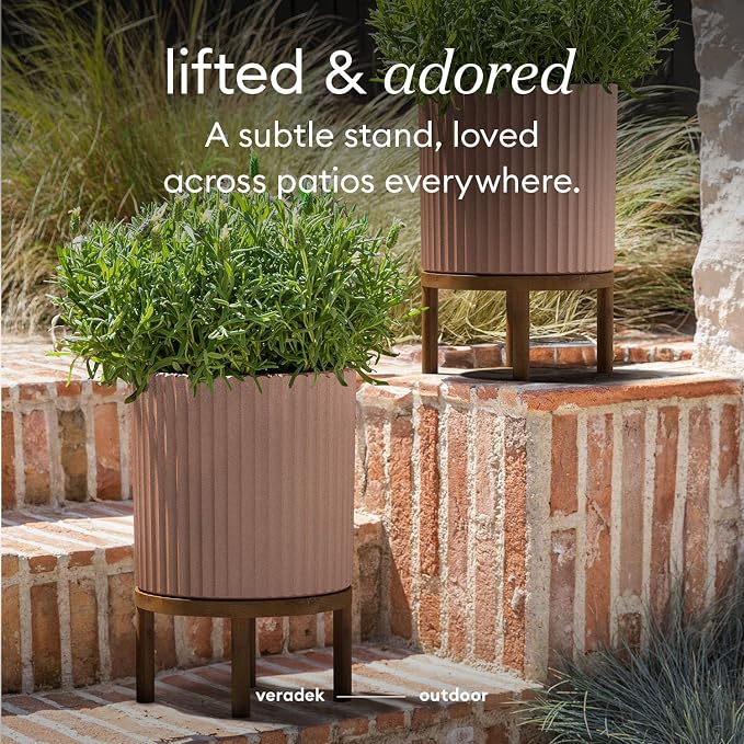 Veradek Demi Series Round Planter w/Stand for Porch/Patio | Durable Plastic-Stone Composite & Wooden Stand | Modern Décor for Tall Plants, Flowers