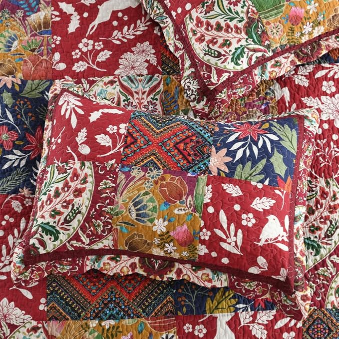 ENASAL Cotton Bedspread Quilt Sets Reversible Bedding Coverlet Sets Comforters Vintage Luxury Damask Floral Real Patchwork Burgundy Bedspread,King Size