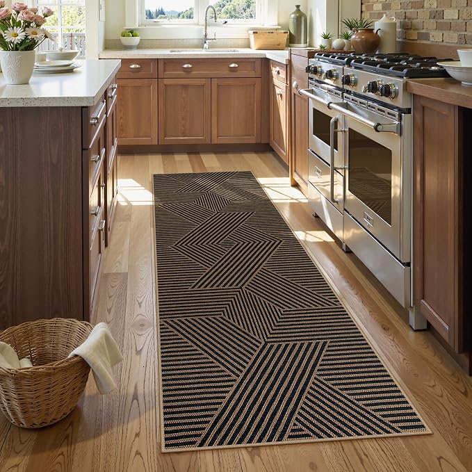 Lahome Enfys Modern Geometric Runner Rug, 2x6 Washable Rug Runners for Hallways Non Slip, Black Outdoor Carpet with Rubber Backing, Farmhouse Non Shedding Kitchen Mats for Floor Entryway