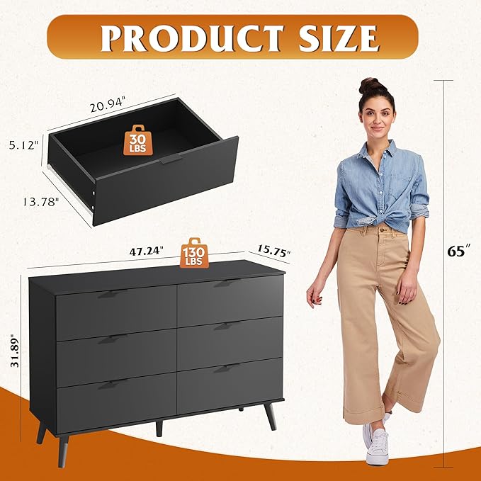 WLIVE Black Dresser for Bedroom, 47.24'' Wide 6 Drawer Wooden Dresser Storage Organizer with Sturdy Metal Handle, TV Stand for 55 inch TV, Chest of Drawers for Living Room, Hallway, Closet