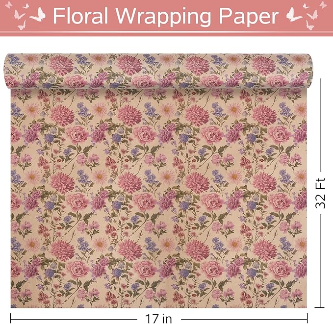 RayofSun Kraft Floral Wrapping Paper Roll 17 in x 32 ft Mini Roll Vintage Wildflower Pink Flower Gift Wrap Paper for All Occasion Wedding Birthday Bridal Shower Party Wrapping Supplies