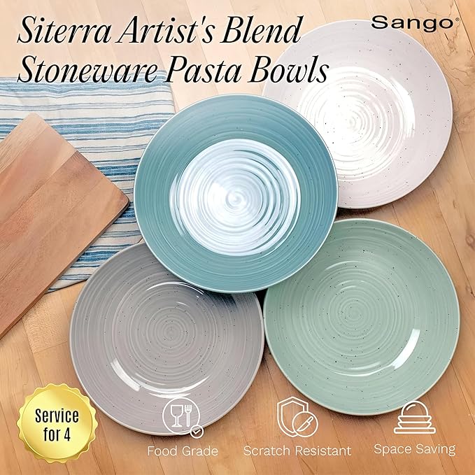 Sango Siterra Artist's Blend Stoneware Pasta Bowls (Set of 4) Multi Assorted Colors– Featuring Soft Gray, Blue, Green, and Ivory, for Everyday Dining & Entertainment, Microwave & Dishwasher Safe