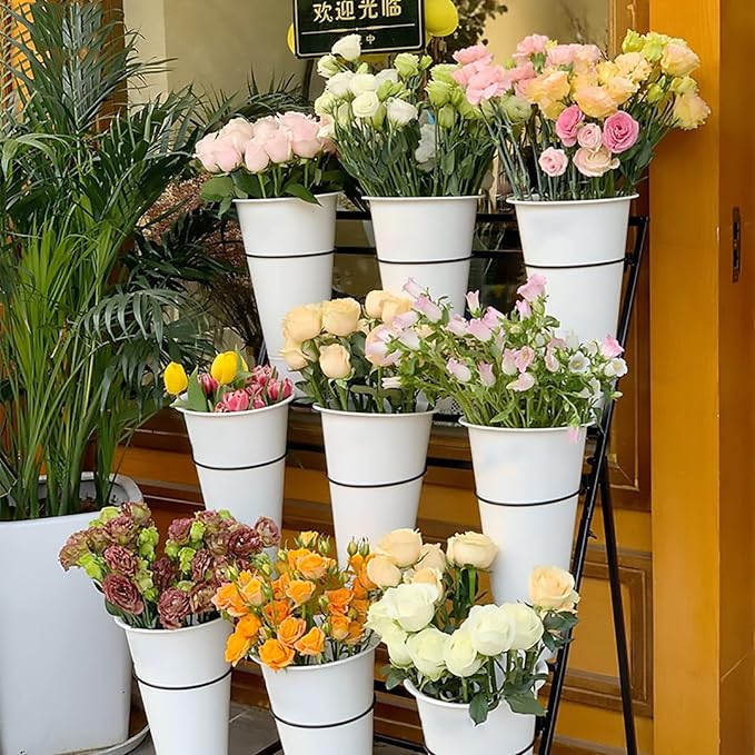 Flower Display Stand, 3 Layers Heavy Duty Moving Plant Cart Shelf With Wheels and Bucket, Wrought Iron Florist Shelf, for Patio Garden, Florist, Outdoor Flower Pop-Up Events (Black Iron Frame)