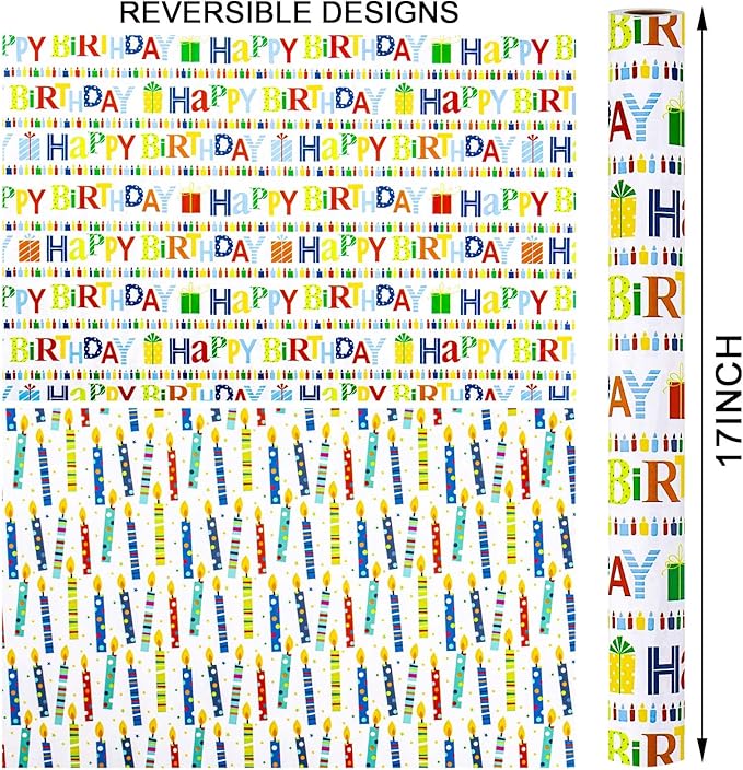 Homeral Birthday Wrapping Paper Roll - Colorful Happy Birthday Lettering & Candles, Reversible Design for Baby Shower, Party - Mini Roll - 17 Inch x 33 Feet