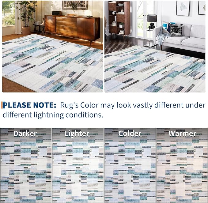 Modern Area Rugs 5x7 Rug for Living Room Washable Geometric Throw Rugs with Non-Slip Backing, Non-Shedding Contemporary Accent Carpet, Low Pile Floor Cover for Bedroom, Office, Blue