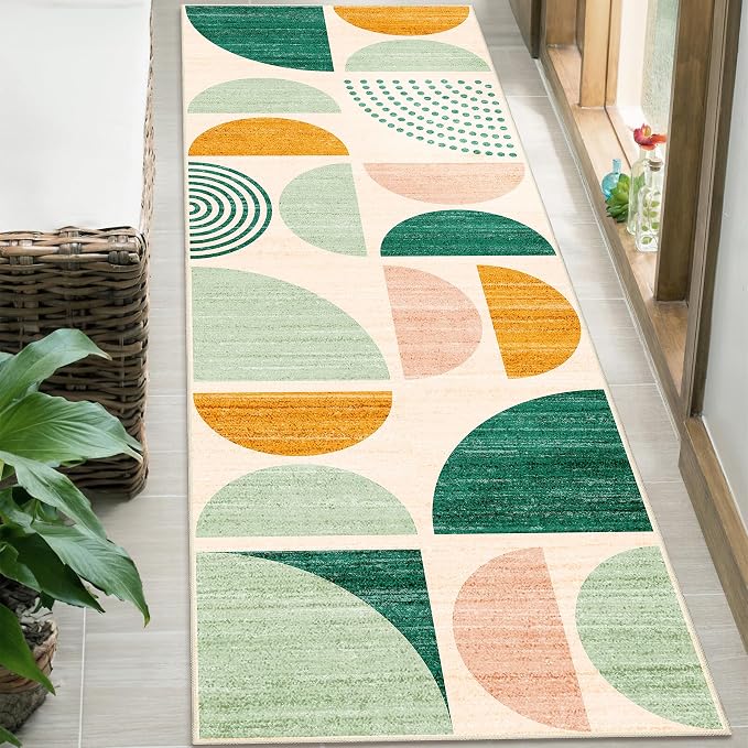 MUJOO Green Runner Rug Washable,Boho 2x6 Area Rugs for Hallways Kitchen Bathroom Bedroom Entryway,Non Slip Carpet Long Mat Indoor,Soft Modern Abstract Sage Green