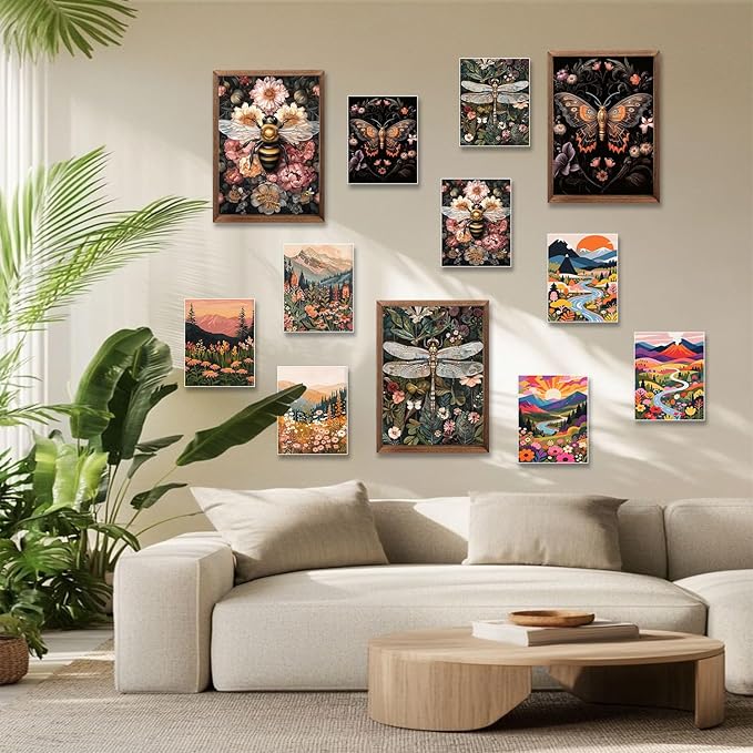 Retro Insect Bee Butterfly Dragonfly Wall Art Set Of 3 24x16In Wood Framed, with 9 Bonus Posters 8"x10", Nature plant Canvas Decoration Paintings Artwork for Office Bedroom Living Room Home Decor