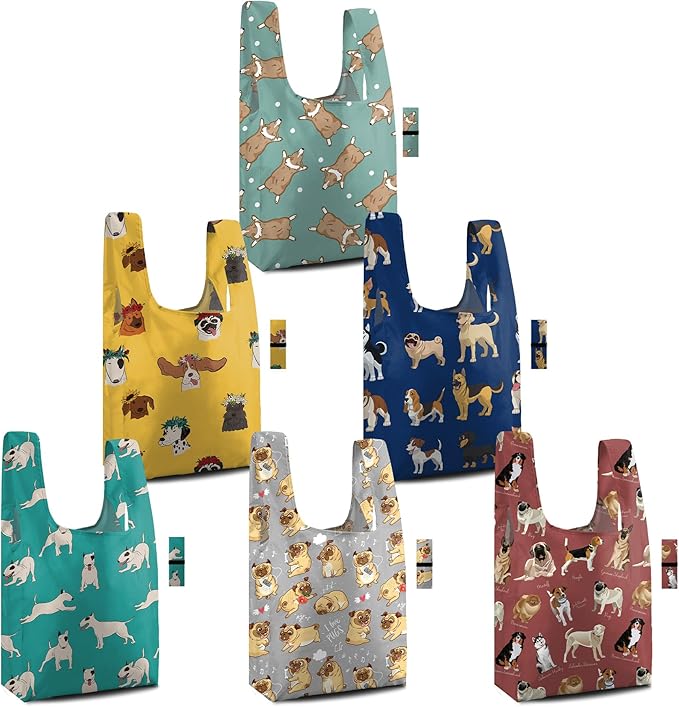 BeeGreen Dog Reusable Grocery Bags 6 Pack - Foldable, Heavy Duty Shopping Tote Bags with Zipper Pouch, Large Capacity (50+ Lbs), Animal Prints Designs for Women & Men, Machine Washable