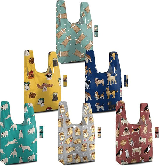 BeeGreen Dog Reusable Grocery Bags 6 Pack - Foldable, Heavy Duty Shopping Tote Bags with Zipper Pouch, Large Capacity (50+ Lbs), Animal Prints Designs for Women & Men, Machine Washable