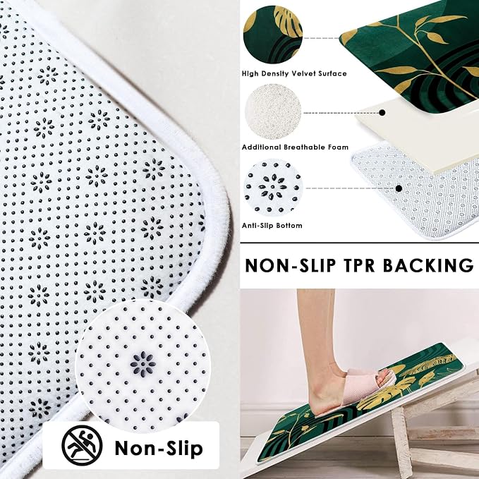 Boho Green Shower Curtain Set with Toilet Lid Cover and Non-Slip Rugs, Tropical Botanical Abstract Green Gold 4 Pcs Modern Minimalist Vintage Shower Curtain for Bathroom Set with 12 Hooks