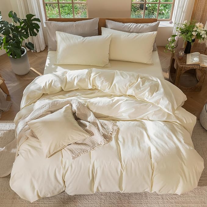 MooMee Bedding Duvet Cover Set 100% Washed Cotton Linen Like Textured Breathable Durable Soft Comfy (Solid Cream White, Queen 90"x90")