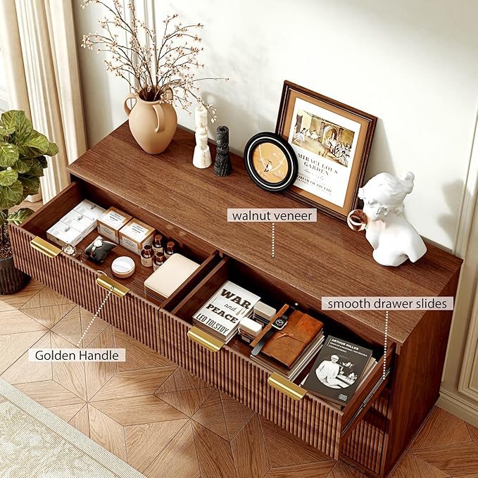 54.72" Modern Chest of Drawer, 6 Deep Drawers,Clothes Organizer,Large Storage Cabinet for Living Room, Bedroom,Dresser TV Stand, Wood Drawer Organizer for Living Room, Hallway, Sepia