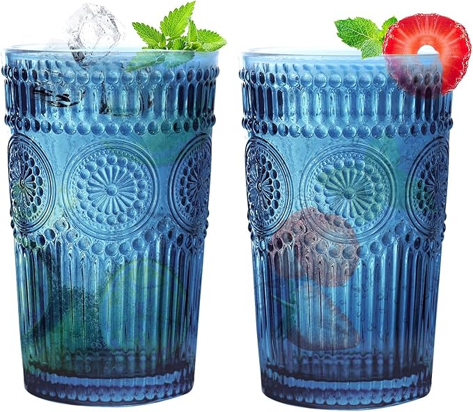 Loivttvv 6pcs Vintage Drinking Glasses Set, 12 oz Blue Highball Glasses, Embossed Ribbed Glassware Cups for Cocktail, Water, Juice, Coffee, Whiskey