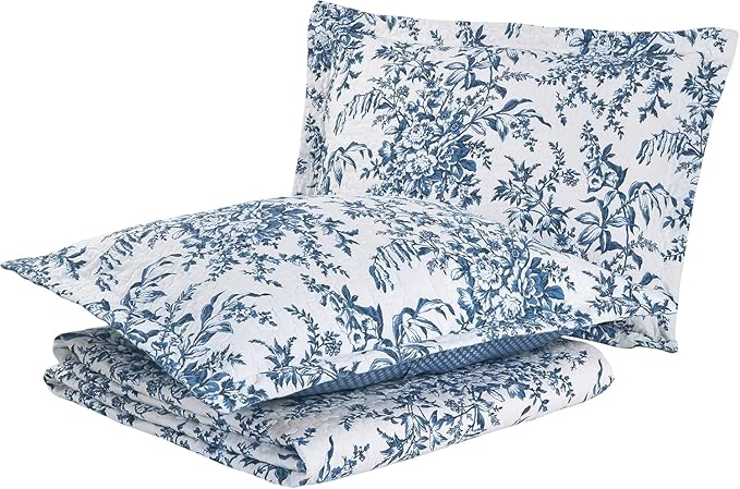Laura Ashley - Queen Quilt Set, Reversible Cotton Bedding with Matching Shams, Home Decor for All Seasons (Bedford Delft Blue, Queen)