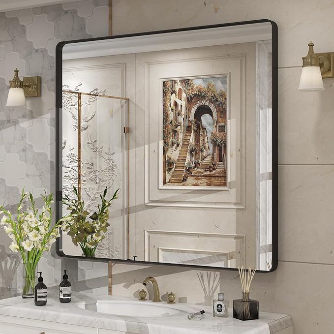 40x36 Inch Black Metal Framed Bathrrom Mirror for Wall, Black Rounded Rectangle Mirror, Matte Black Bathroom Vanity Mirror, Anti-Rust, Tempered Glass, Hangs Horizontally or Vertically