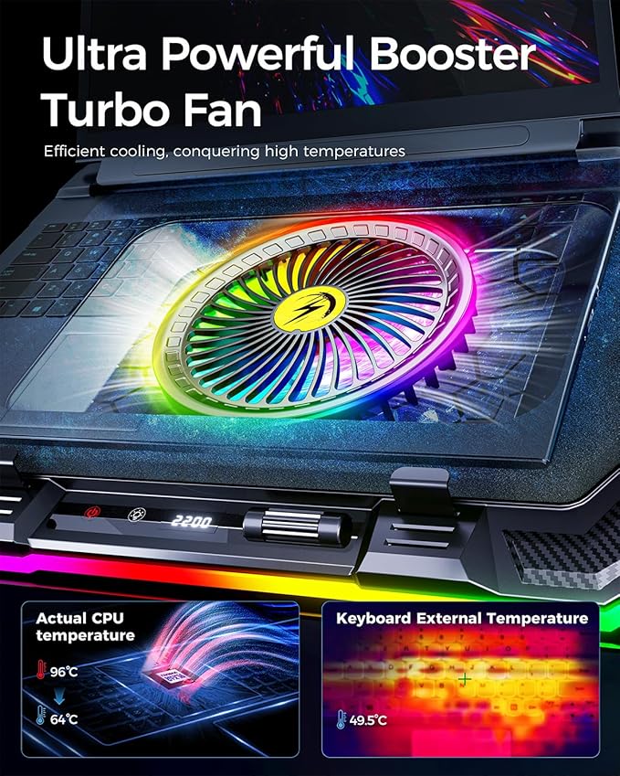 KeiBn Gaming Laptop Cooling Pad, Laptop Fan Cooling Pad with 5.5inch RGB External Fan, Rapid Cooling Laptop 15.6-19.3inch, 8 Height Stands, 2 USB Ports, Phone Holder-K1 5V RGB