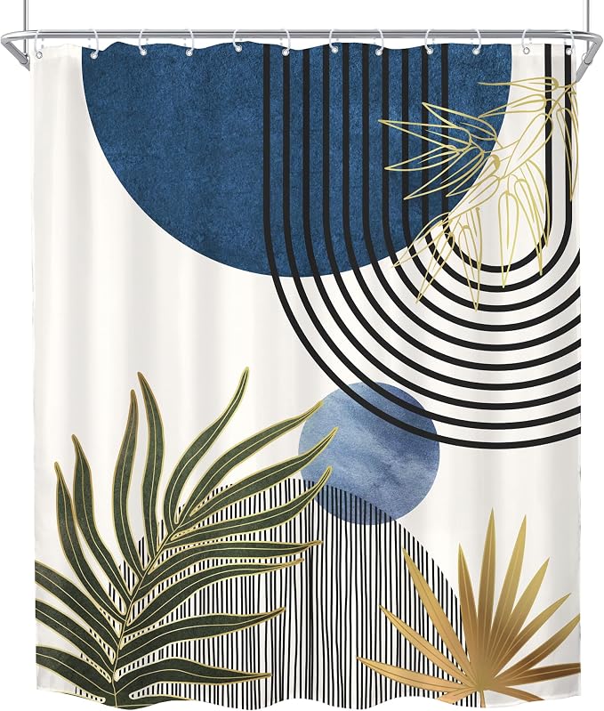 KOMLLEX Mid Century Blue Green Boho Shower Curtain for Bathroom Decor 72Wx84H Inches Extra Long Abstract Modern Plant Botanical Minimalist Arch Fabric Waterproof Polyester 12 Pack Hooks Pack Hooks