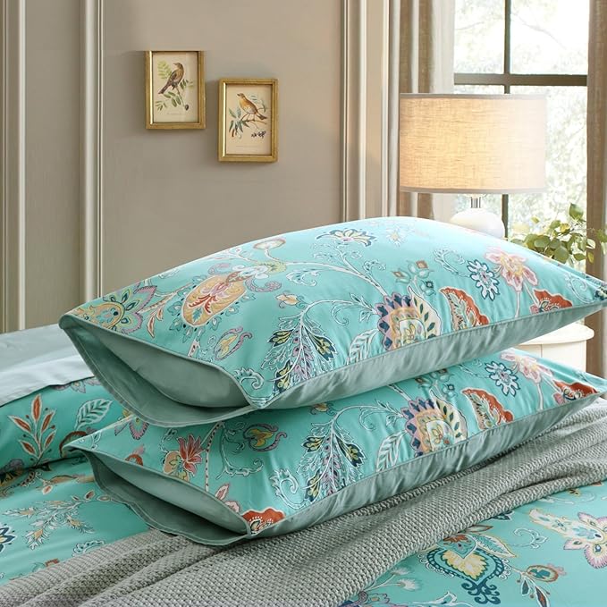 Brandream Teal Duvet Cover Set Coral 100% Egyptian Cotton Chic Floral Bedding Queen Size, 3PC