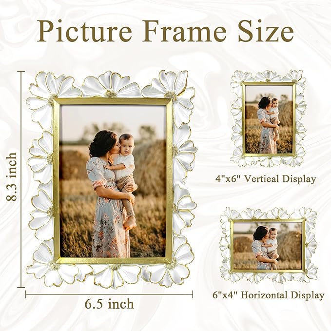 4x6 Vintage Flower Picture Frame, Ornate Antique Photo Frame with Glass Front, Elegant Picture Frame for for Wall or Tabletop Display, Gift ldeas for Home Decor (White Gold)