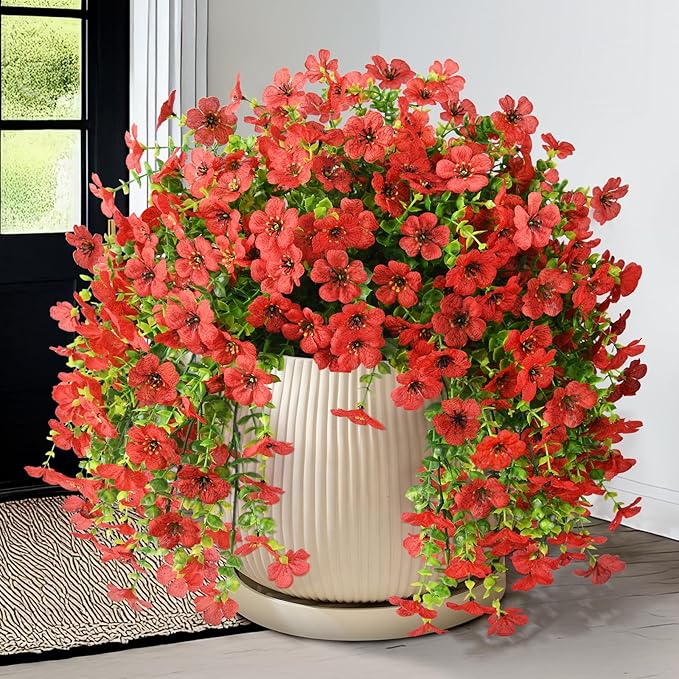 Homsunny Artificial Fake Hanging Flowers Plants for Outdoor Spring Decorations, 2PCS Faux Daisy Silk Flower Outside No Fade UV Resistant Realistic Home Decor for Porch Patio Window Box (ChujuDH-Red