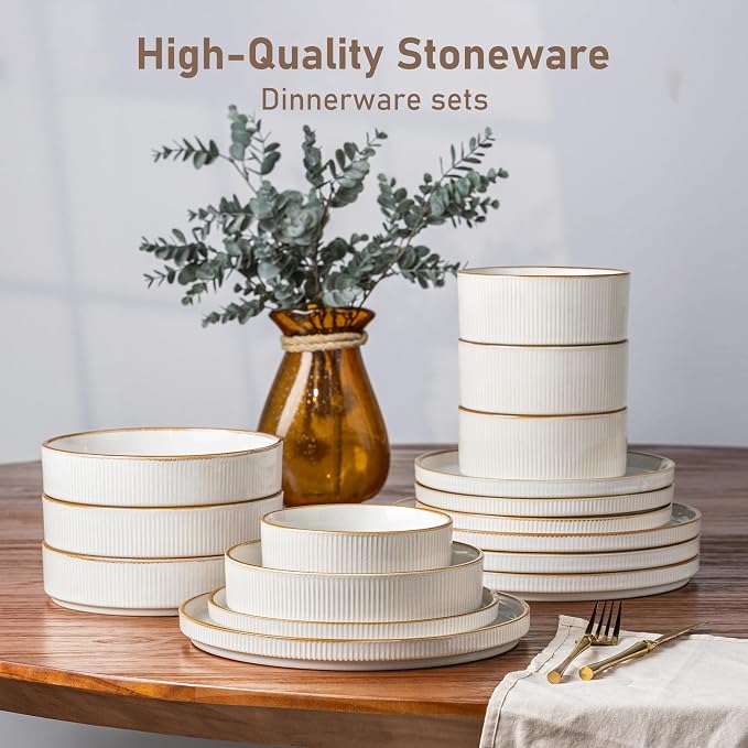GBHOME 24-Piece Stoneware Dinnerware Set for 8 – Ribbed Ceramic Plates and Bowls, Scratch-Resistant, Microwave & Dishwasher Safe, Reactive Glaze, White with Honey-Brown Edge