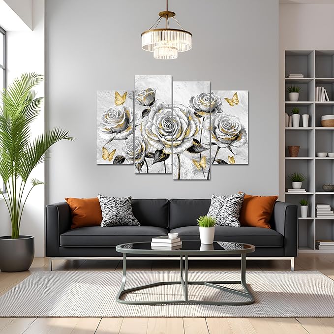 sechars Rose Wall Art Decor Grey and Gold Floral Pictures Painting Flower with Butterflies Canvas Prints Framed