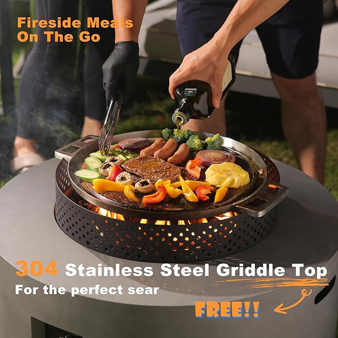 Fire Pit Table with Natural Gas Conversion Kit, 32 Inch 4-Piece Outdoor Propane Fire Pit Table 65,000 BTU Round Gas Firepit, Wind Guard, Tank Cover and BBQ Grill for Garden, Patio, Grey