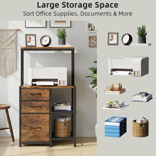 HIGDBFE File Cabinet - 3 Fabric Drawers & 4 Open Shelves - Rustic Brown Office Storage Solution