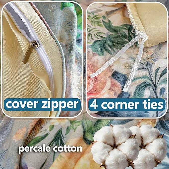 Blue Floral Duvet Cover Set 100% Percale Cotton Queen Size Shabby Vintage Chic Penoy Patterned Comforter Covers with Zipper，Soft & Breathable French Country Bedding 3Pcs-Not Comforter