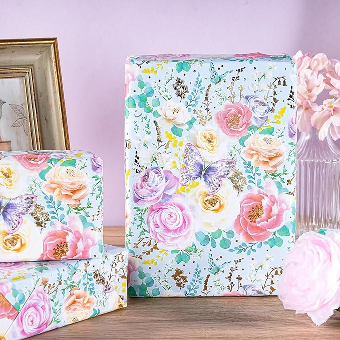 WRAPAHOLIC Floral Wrapping Paper Roll - Mini Roll - 17 Inch x 16.5 Feet - Elegant Gold Foil Butterfly and Flower Wrapping Paper Perfect for Wedding, Birthday, Bridal Shower, Tea Party