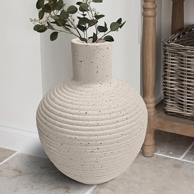 Oakrain Large Flower Vase with Groove Texture, 13" Tall Floor Vase, Narrow-Mouth Handcrafted Decorative Centerpiece for Modern Home Decor