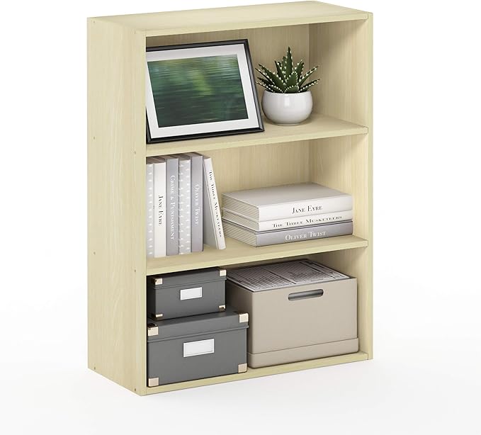Furinno PASIR Book Shelf, 3-Tier Bookshelf, Storage Shelves Bookcase, 9.7 x 23.7 x 31.5, for Living Room, Bedroom, Home Office, Steam Beech