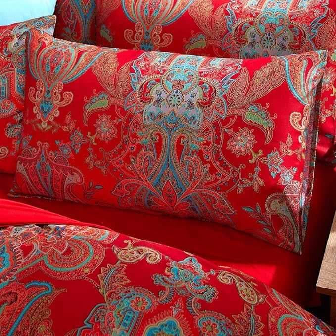 Floral Red Duvet Cover Queen Percale Long Staple Cotton Floral Comforter Cover Vintage Boho Paisley Duvet Cover Luxury Soft Jacquard Flower Bedding Set Farmhouse Floral Duvet Cover with 2 Pillowcases