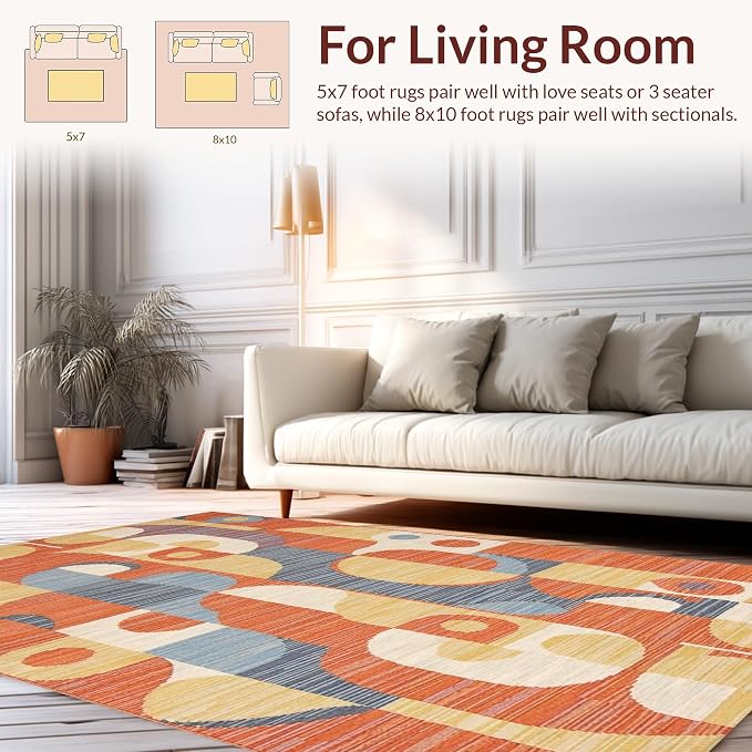 Flatwoven High Traffic Area Rug 8x10, Vibrant Geometric with Artistic Swirls and Colorful Motifs, Non Slip, Stain Resistant, Washable Area Rugs for Living Room, Bedroom (Orange, 8x10)