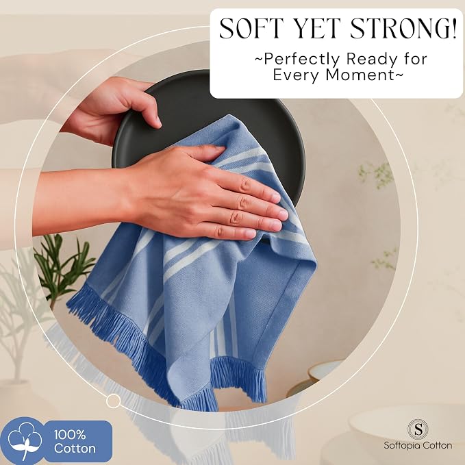 Stripe Kitchen Dish Towels 4 Pack, 16x26 Inches, 100% Cotton Tea Towels, Quick Dry Wash Rags, Reusable and Washable Dishcloths, Absorbent Hand Towel for Everyday Use - Sky Blue